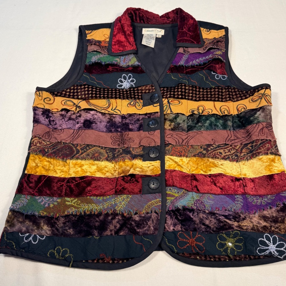 Vintage ColdWater Creek Womens Patchwork Boho Vest multi‎ texture velvet sz L